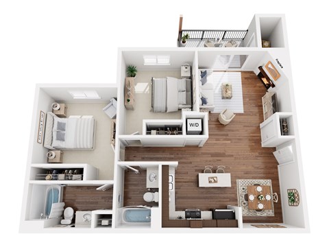 A top-down view of a small apartment with a kitchen, living room, and bathroom.
